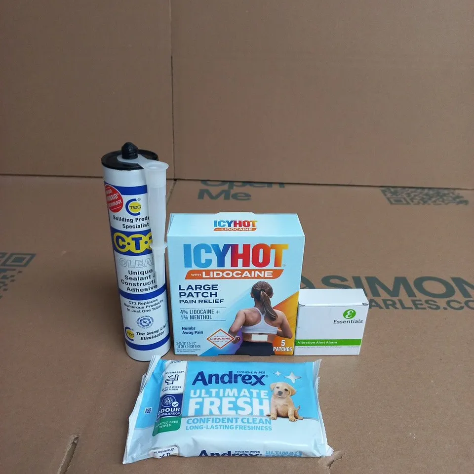 APPROXIMATELY 15 ASSORTED HOUSEHOLD PRODUCTS TO INCLUDE ICYHOT PATCHES, ESSENTIALS VIBRATION ALERT ALARM AND CLEAR SEALANT ADHESIVE