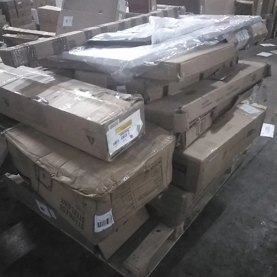 PALLET OF HOUSEHOLD ITEMS TO INCLUDE WOODEN RADIATOR COVER,CANVAS ART,DESK,STAINLESS STEEL SINK AND OTHER ASSORTED ITEMS...