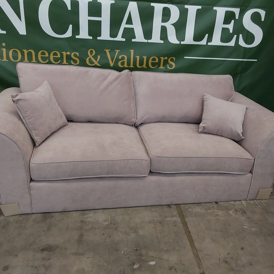 DESIGNER THREE SEATER SCROLL ARM SOFA ROSE PINK FABRIC 