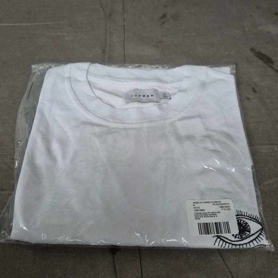 TOPMAN BOXY FIT T‑SHIRT – WHITE WITH SCRIBBLE PRINT & EMBROIDERY (M)