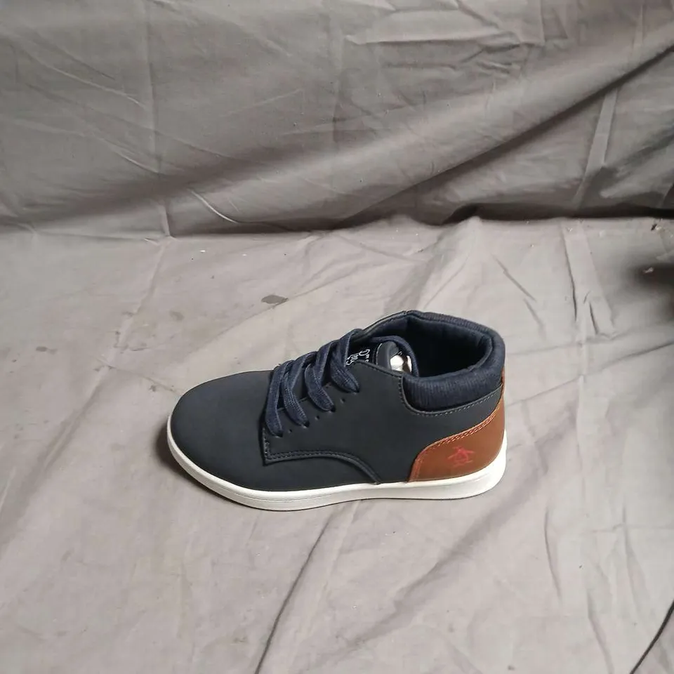 PENGUIN NAVY TRAINERS WITH BROWN LEATHER HEEL PATCH - SIZE UK CHILD 12