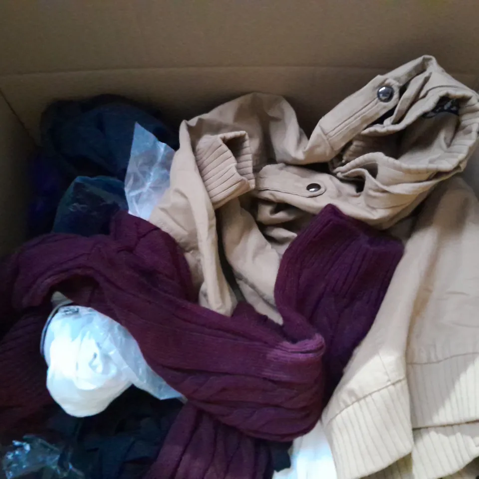 LARGE BOX OF ASSORTED CLOTHING ITEMS IN VARIOUS STYLES, COLOURS AND SIZES