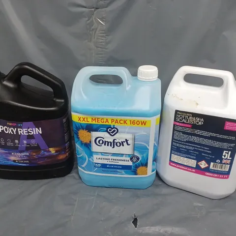 4 ASSORTED LIQUIDS TO INCLUDE EPOXY RESIN, FABRIC CONDITIONER, TUB DESCALER - COLLECTION ONLY