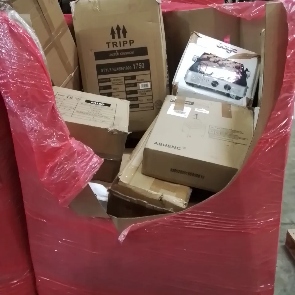 PALLET CONTAINING VARIOUS ASSORTED BOXED HOUSEHOLD ITEMS TO INCLUDE: FOOT STOOL, MATTRESS TOPPER, TRIPP SUITCASE, BBQ & PRESS GRILL AND LOTS MORE UNMARKED BOXED ITEMS 