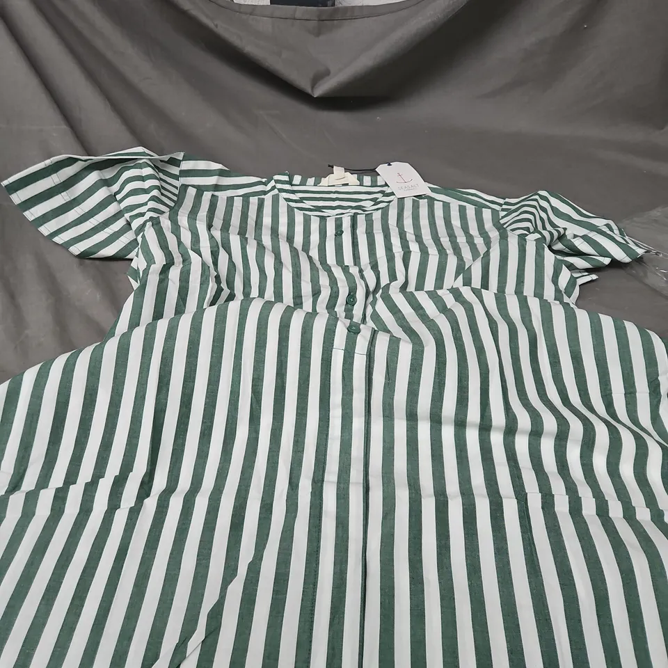 SEASALT CORNWALL HARBOUR MOVEMENT DRESS – ORGANIC COTTON, GREEN & WHITE STRIPE, UK 18