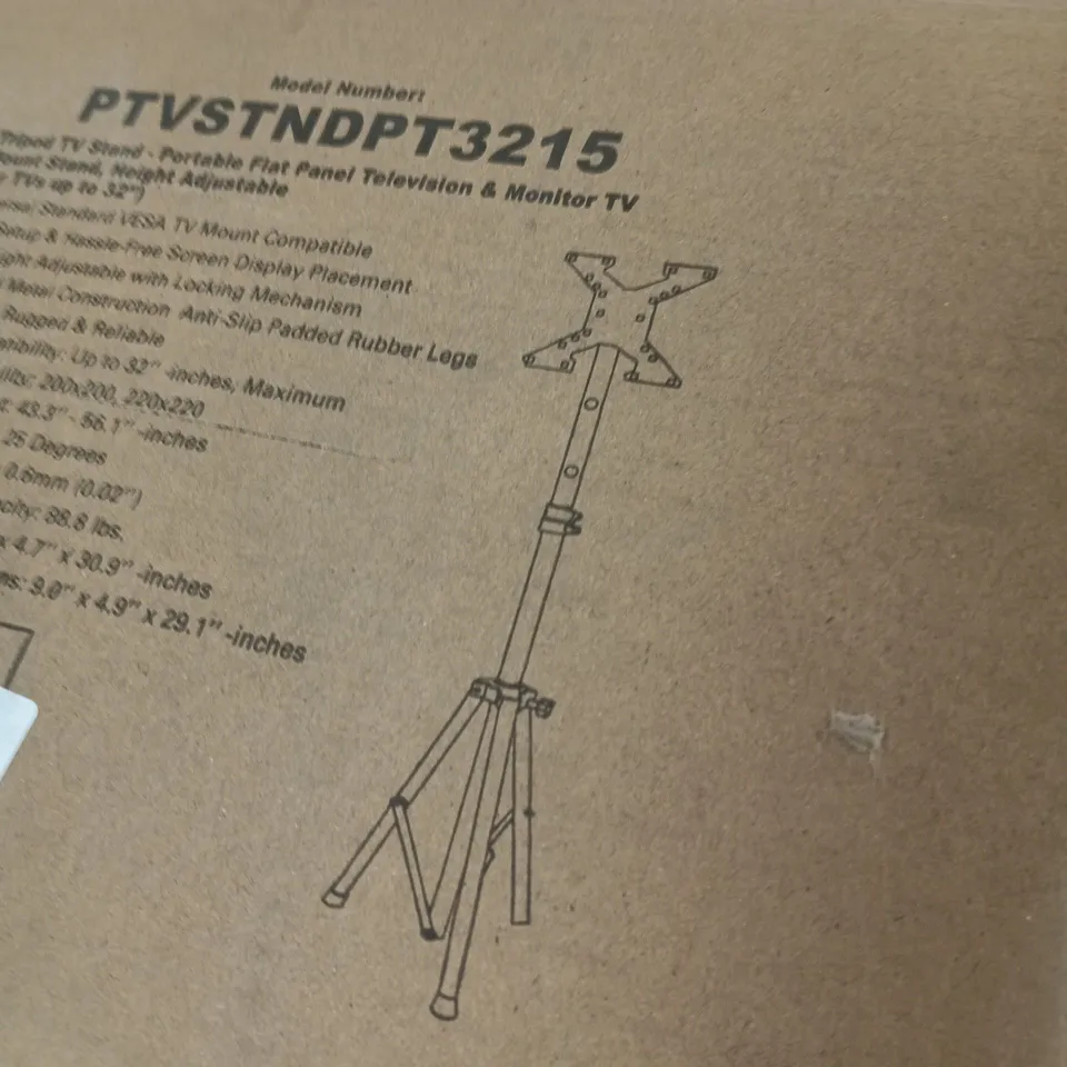 PTVSTNDP T3215 TRIPOD TV STAND – PORTABLE, HEIGHT ADJUSTABLE (UP TO 32") BOXED