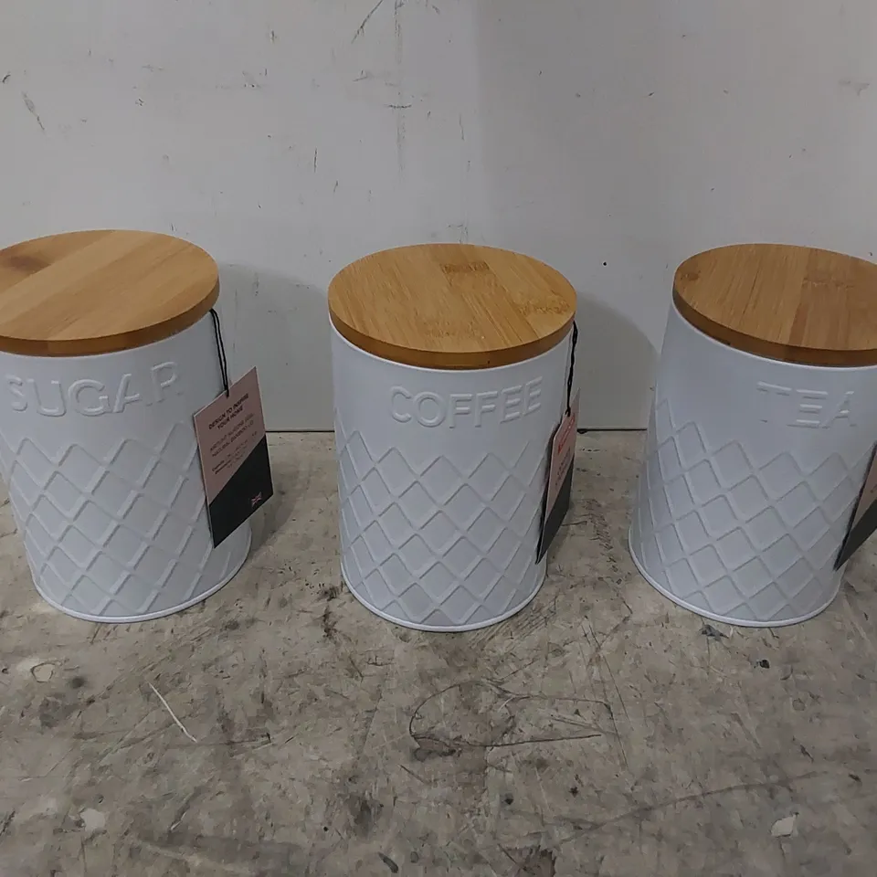 BOXED EMBOSSED COFFEE, TEA A DAY SUGAR JAR SET