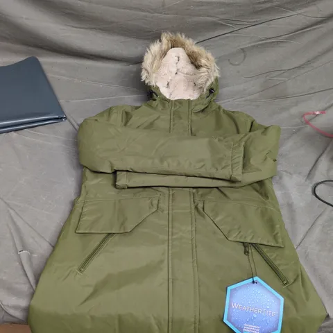KARRIMOR PARKA JACKET WITH FAUX FUR HOOD – OLIVE GREEN, UK 12 (US 8)