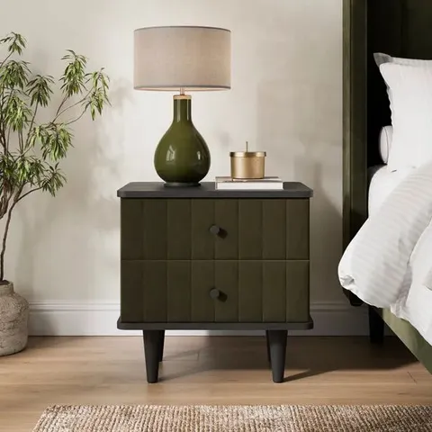 BOXED ALARA 2 DRAWER BEDSIDE TABLE - OLIVE (1 BOX)