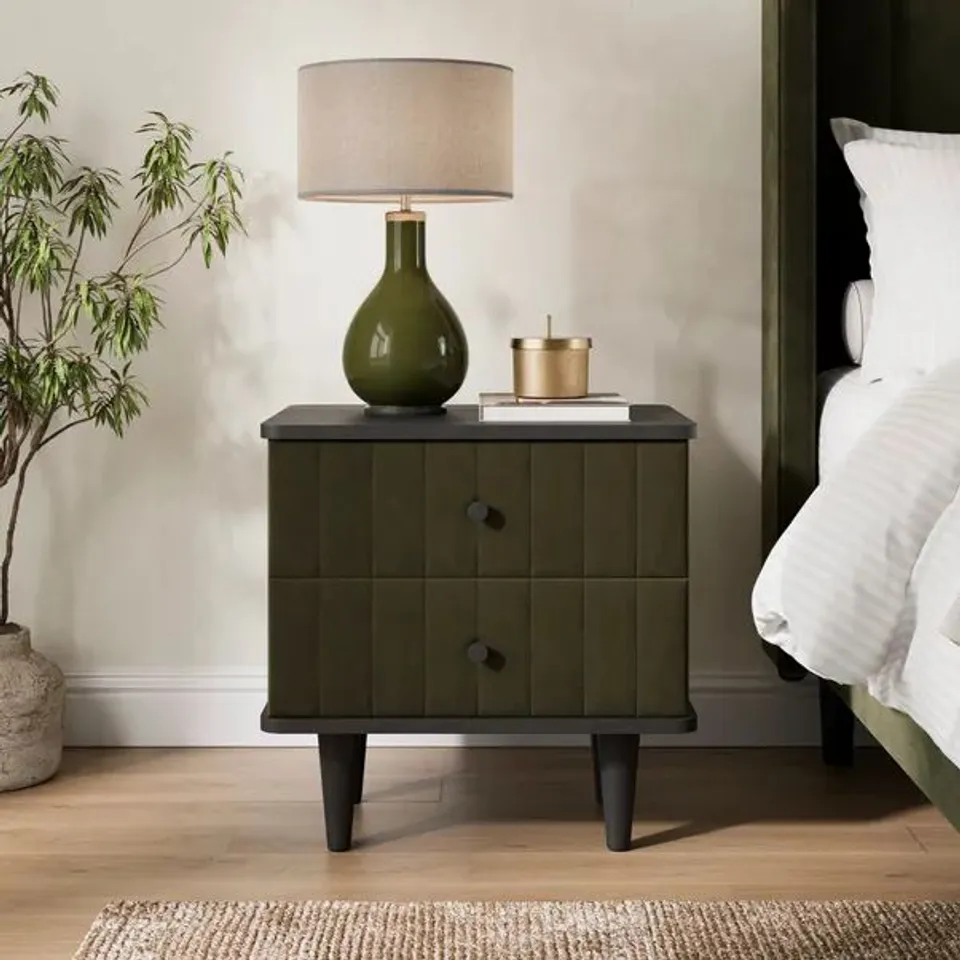 BOXED ALARA 2 DRAWER BEDSIDE TABLE - OLIVE (1 BOX)