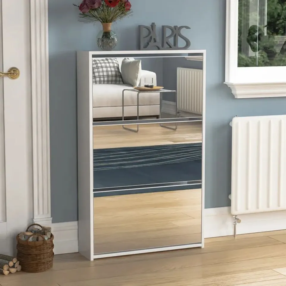BOXED 3 DRAWER MIRRORED FLIP DOWN SHOE STORAGE 