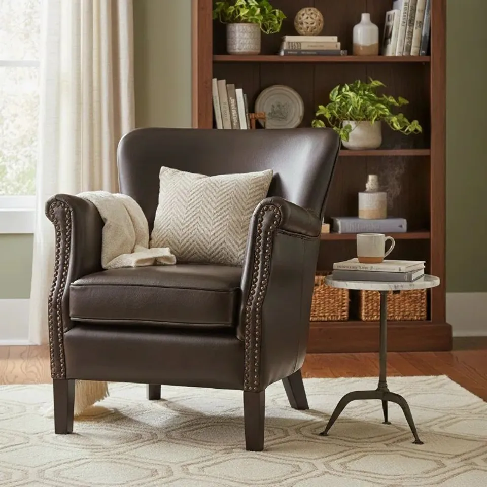 BOXED PUTTNEY SLIPCOVERED FAUX LEATHER ARMCHAIR - CHOCOLATE 