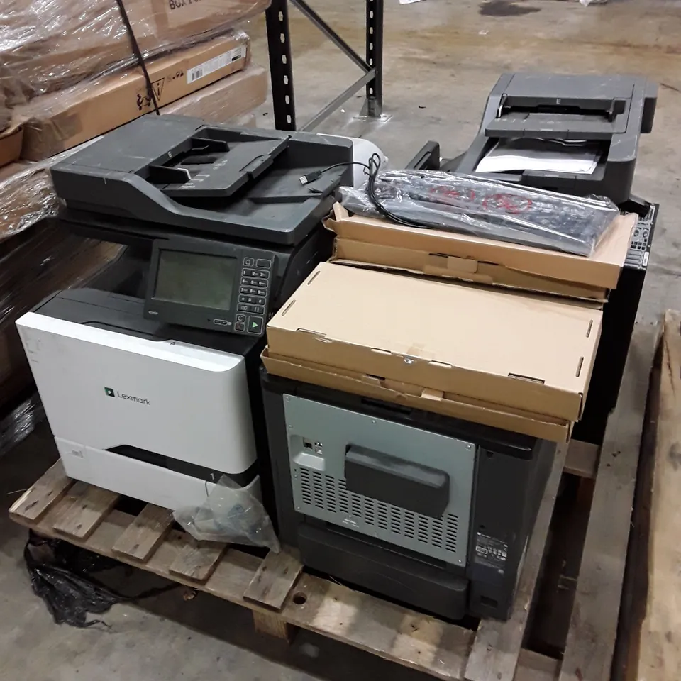 PALLET OF ASSORTED OFFICE EQUIPMENT INCLUDING PRINTERS, DESKTOP & KEYBOARDS 