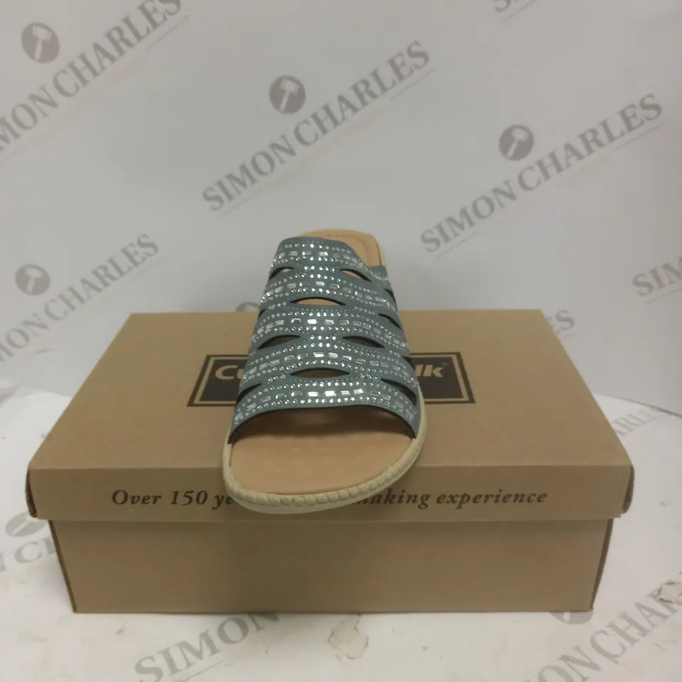 BOXED PAIR OF CUSHION WALK DIAMANTE MULES IN BLUE - SIZE 5