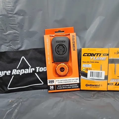 TOTE OF APPROXIMATELY 7 ASSORTED VEHICLE ITEMS TO INCLUDE - RAVEMEN LIGHT SET , CONTINENTAL CONTI TUBE , TYRE REPAIR TOOLS ETC