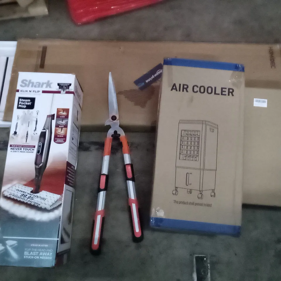 PALLET OF ASSORTED ITEMS INCLUDING GARDEN SHEARS, AIR COOLER, SHARK STEAM POCKET MOP, HOMIDEC FOLDOUT CHAIR, FRIDGE ORGANISER 