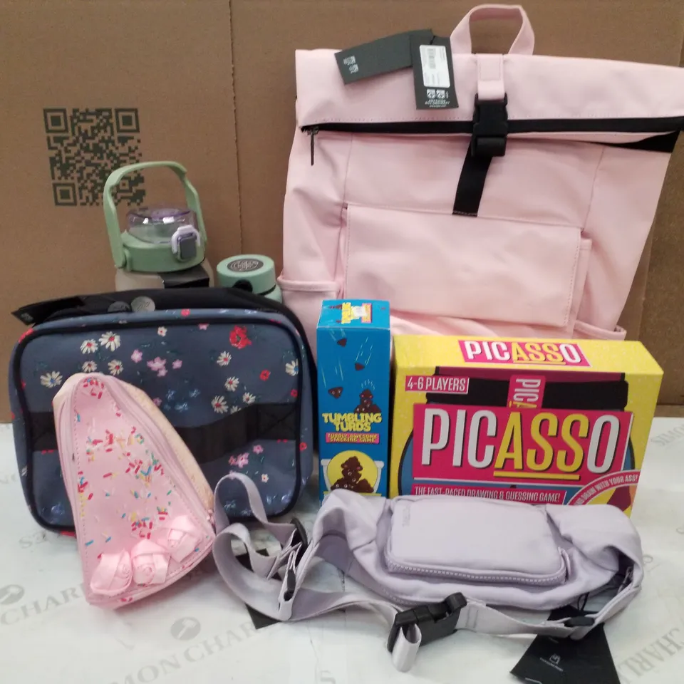 BOX CONTAINING ASSORTED PRODUCTS INCLUDING METRO BACKPACK, PICASSO GUESSING GAME, TRAVELLER SLING, PENCIL CASES & OVERSIZED DRINKS BOTTLE