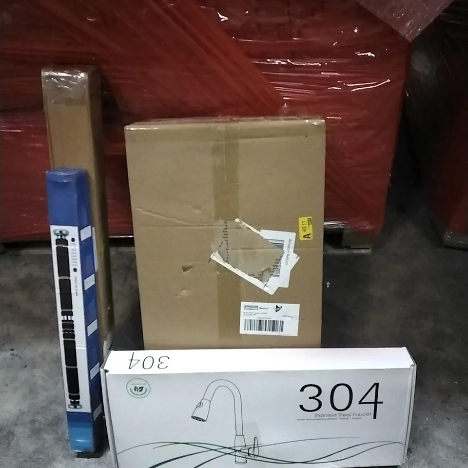 PALLET OF HOUSEHOLD ITEMS TO INCLUDE STAINLESS STEEL FAUCET,  PULL UP BAR, VIBRATION PLATE,  STAIR CARPET RODS AND OTHER ASSORTED ITEMS...
