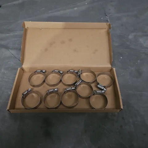 BOX OF WORM-DRIVE HOSE CLAMPS - METAL, ASSORTED SIZES APPORX 10