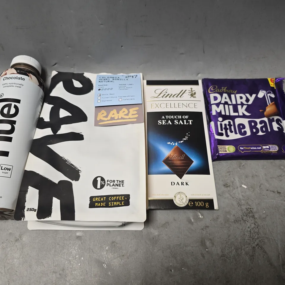 APPROXIMATELY 12 ASSORTED FOOD & DRINK ITEMS TO INCLUDE - HUEL CHOCOLATE , CADBURY DAIRY MILK , LINTT SEA SALT DARK ETC