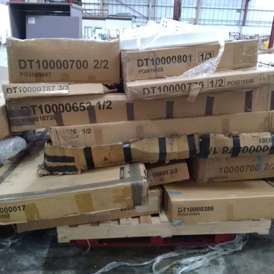 PALLET OF ASSORTED FLAT PACK DINING TABLE PARTS 
