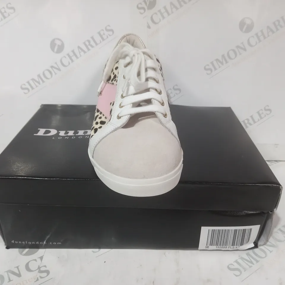 BOXED PAIR OF DUNE LONDON ENERGISED LIGHTNING BOLT TRAINERS IN ANIMAL PRINT/PINK SIZE 7