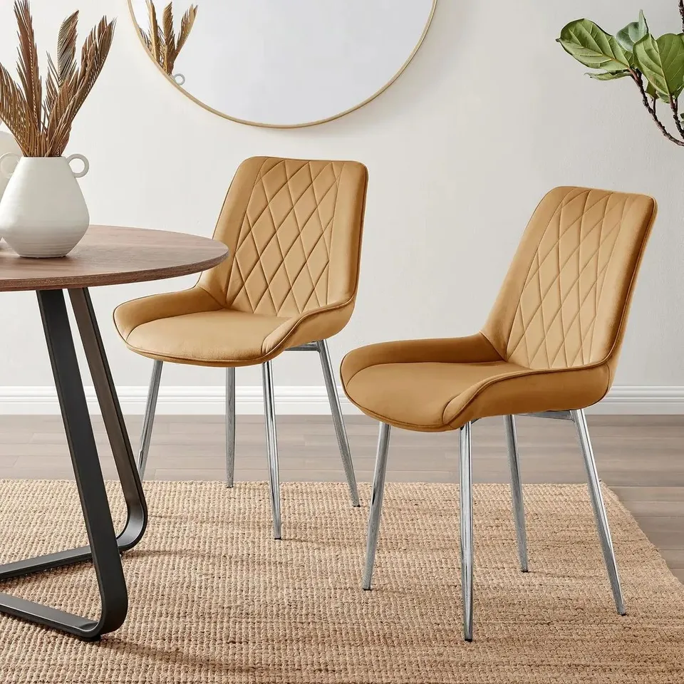 BOXED 2X PESARO MUSTARD VELVET DINING CHAIRS SILVER LEGS