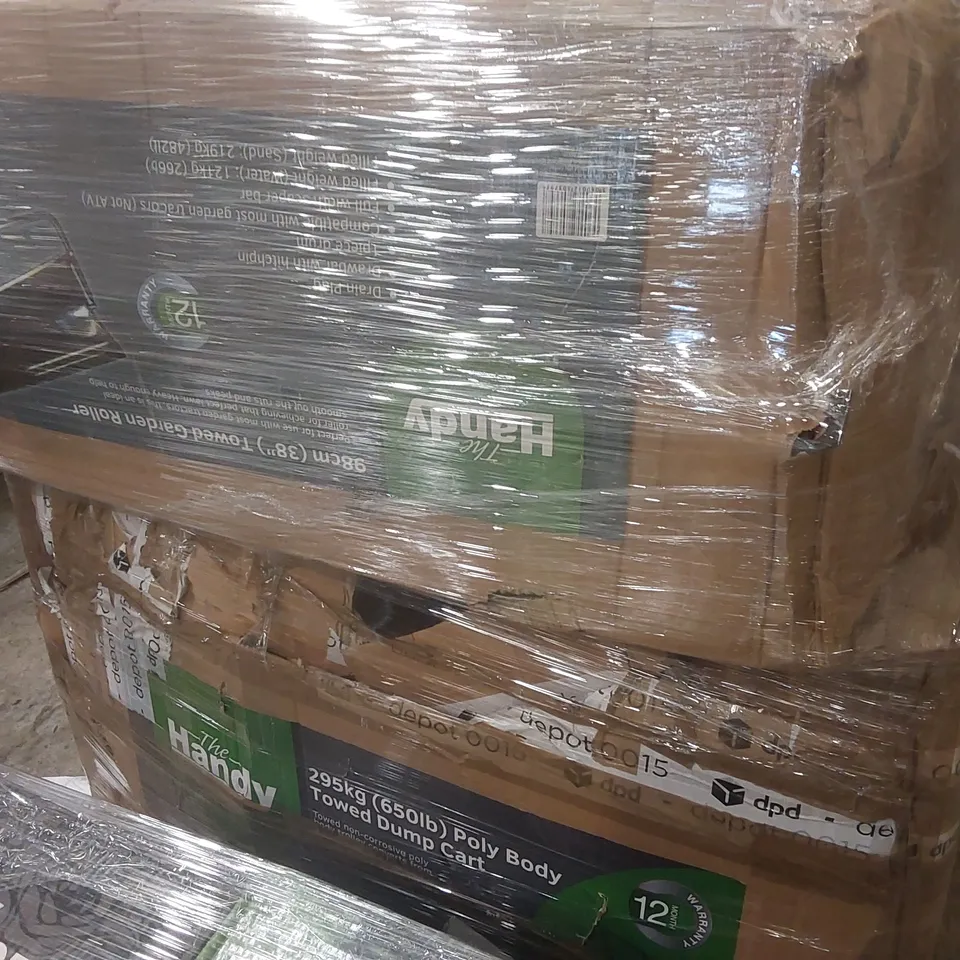 PALLET CONTAINING A LARGE QUANTITY OF ASSORTED GARDENING TOOLS INCLUDING: WEBB ELECTRIC LAWNMOWER, DUMP CART, TOWED GARDEN ROLLER, 500W ELECTRIC HEDGE TRIMMER ECT
