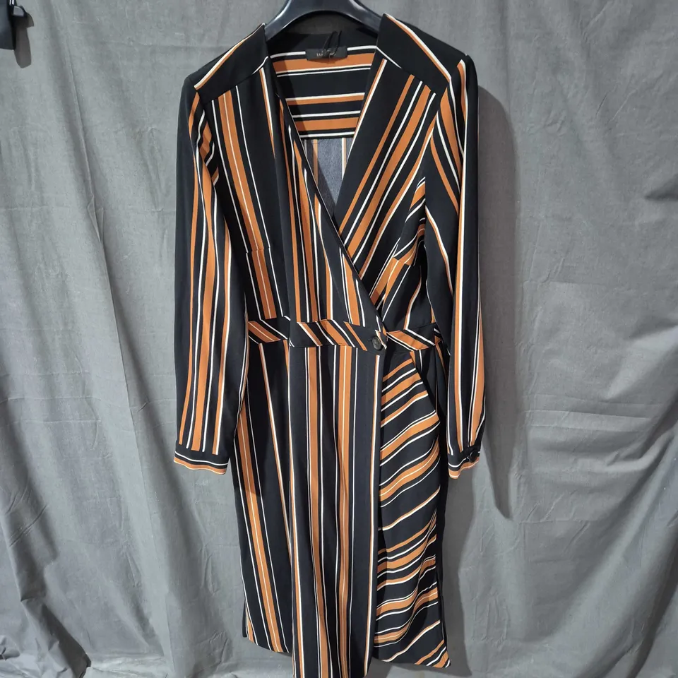 NEXT TAILORING STRIPED BELTED DRESS – BLACK WITH ORANGE & WHITE STRIPES, UK 18