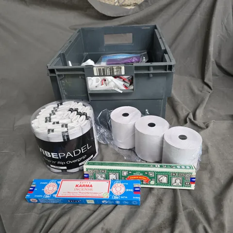 APPROXIMATELY 15 ITEMS OF ASSORTED CRAFTS & HOUSEHOLD LOT: SATYA KARMA INCENSE, VIBEPADEL OVERGRIP, PAPER ROLLS & PLASTIC FITTINGS.