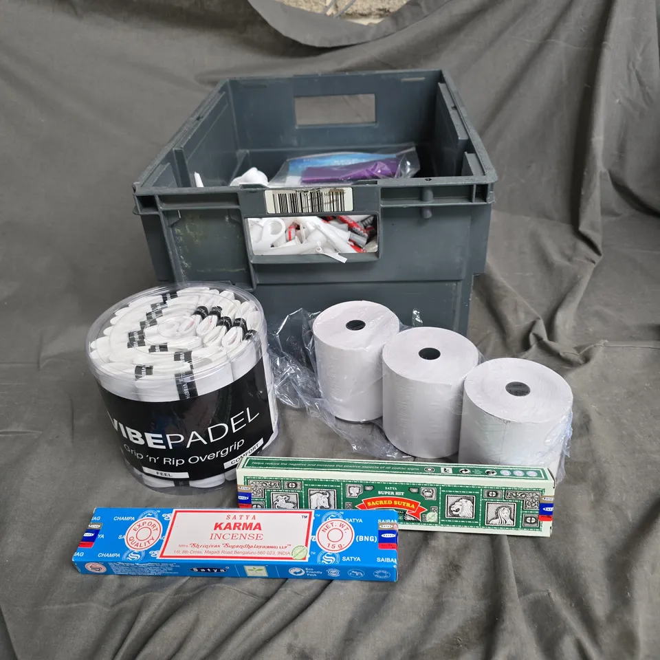 APPROXIMATELY 15 ITEMS OF ASSORTED CRAFTS & HOUSEHOLD LOT: SATYA KARMA INCENSE, VIBEPADEL OVERGRIP, PAPER ROLLS & PLASTIC FITTINGS.