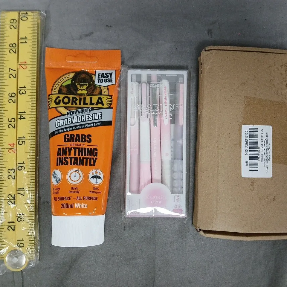 APPROXIMATELY 10 ASSORTED HOUSEHOLD ITEMS TO INCLUDE GORILLA GRAB ADHESIVE, ETC