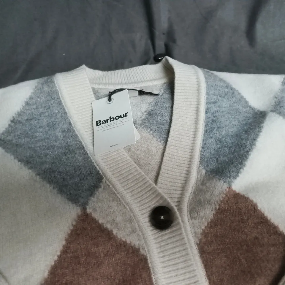 BARBOUR SILVIA KNITTED CARDIGAN – MULTI ARGYLE, UK SIZE 16