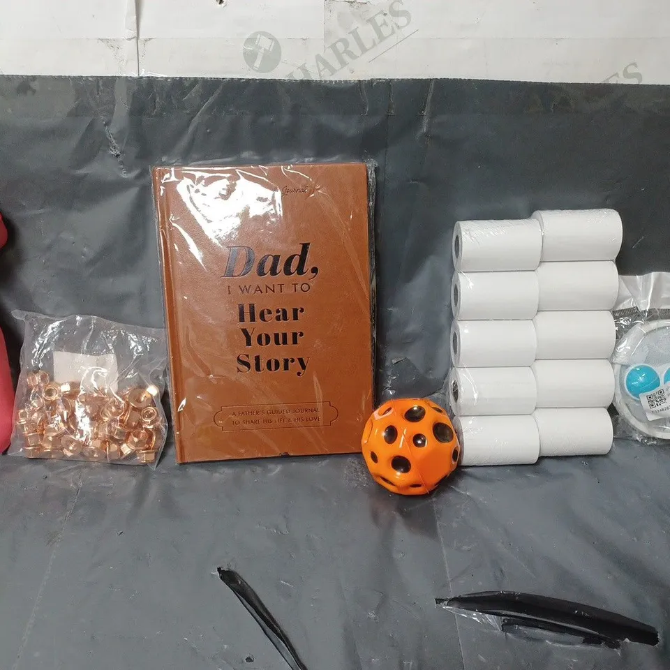 BOX OF APPROXIMATELY 12 ASSORTED ITEMS TO INCLUDE -  UNBRANDED BOUNCY BALL , LABELS , DAD I WANT TO HEAR YOUR STORY ETC