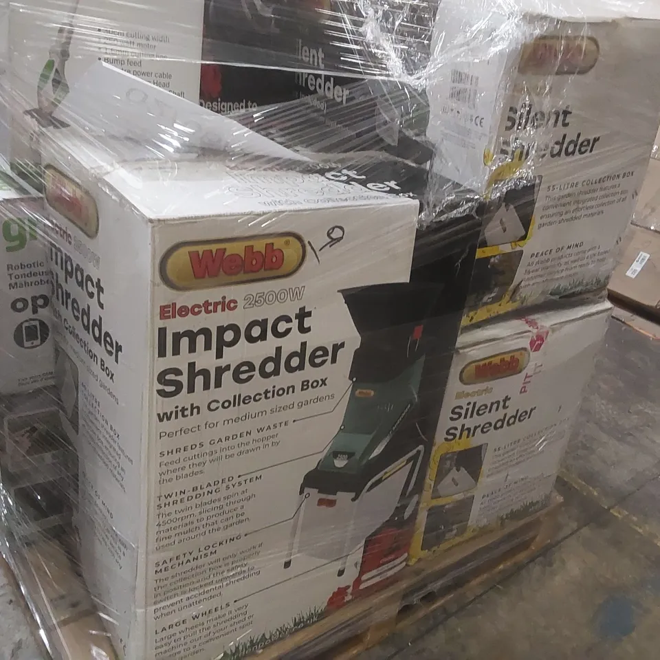 PALLET CONTAINING A LARGE QUANTITY OF ASSORTED ELECTRIC GARDENING TOOLS INCLUDING: WEBB SILENT SHREDDERS, WEBB 650W 29CM LINE TRIMMER, GREENWORKS 24V BATTERY POWERED STRING TRIMMER ECT