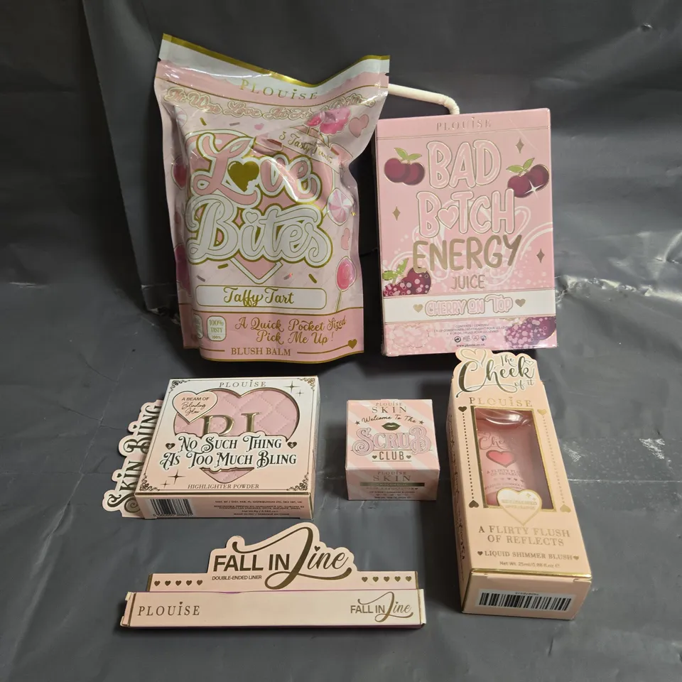 PLOUISE LOT OF 6 ASSORTED COSMETIC ITEMS TO INCLUDE - LOVE BITES BLUSH BALM TRIO - SKIN BLING HIGHLIGHTER POWDER - THE CHEEK OF IT LIQUID SHIMMER BLUSH IN SUNSET SPARK - ETC