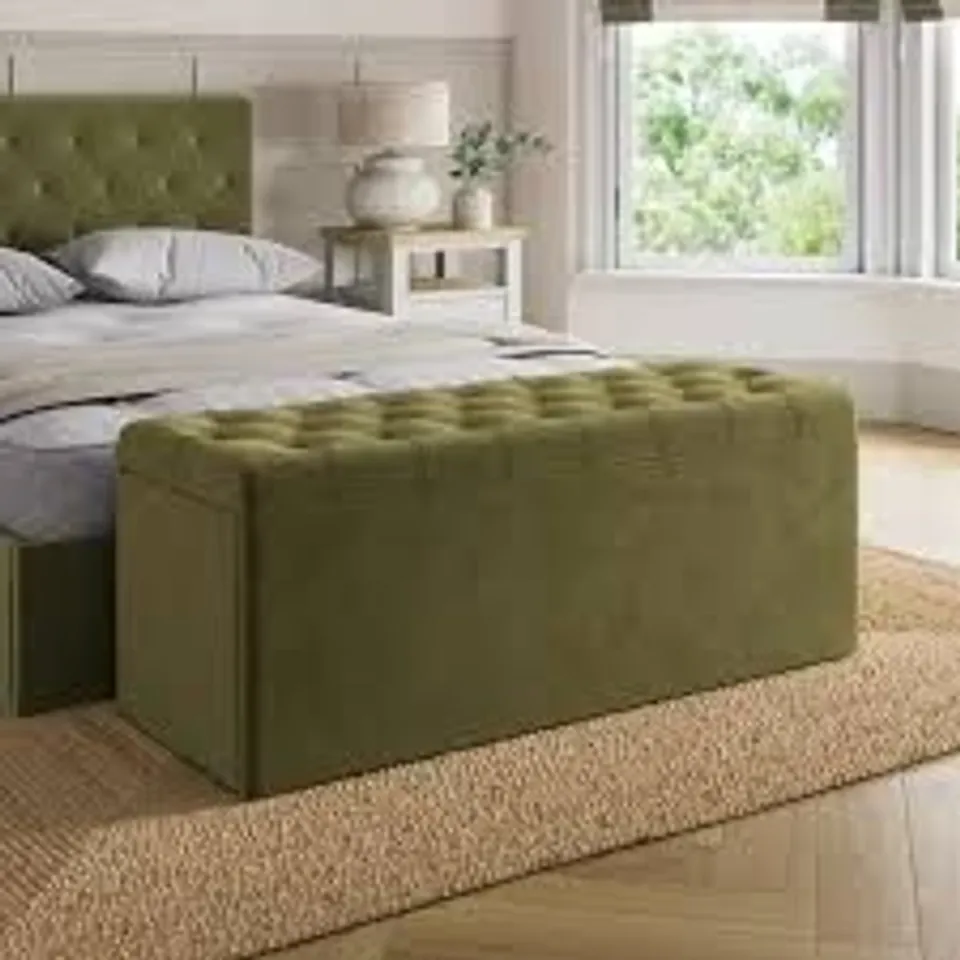 BOXED EMBERLY VELVET END OF BED STORAGE OTTOMAN - OLIVE (1 BOX)