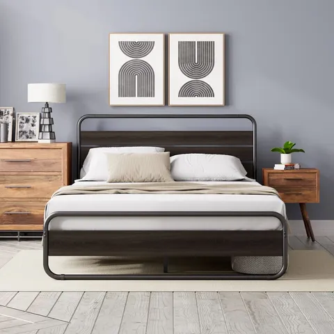 BOXED SANA LOW PROFILE METAL BED FRAME WITH WOOD HEADBOARD