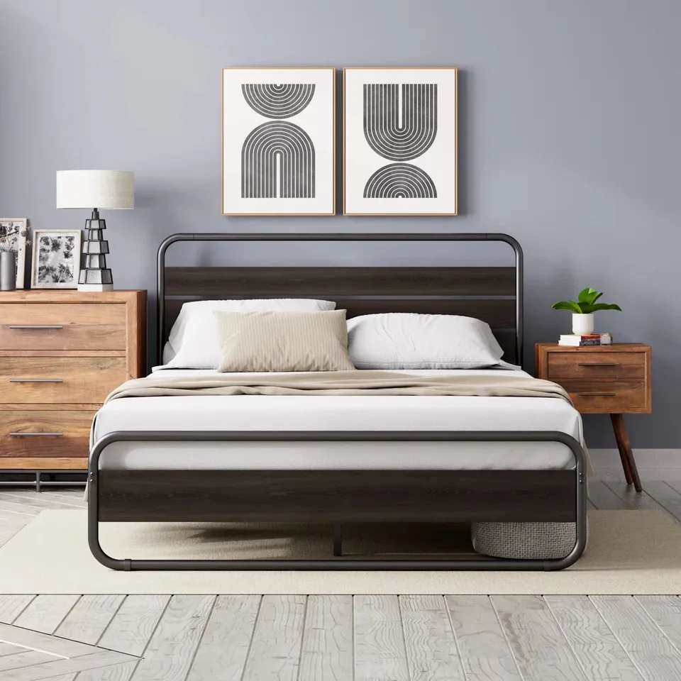 BOXED SANA LOW PROFILE METAL BED FRAME WITH WOOD HEADBOARD