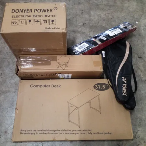 PALLET CONTAINING ASSORTED PRODUCTS INCLUDING PATIO HEATER, FOLDING CAMPING CHAIR, COMPUTER DESK, PULL UP BAR & BADMINTON RACKETS
