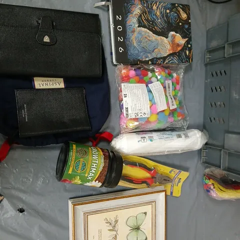 ASSORTED TOTE BOX APPROXIMATLEY 10 ITEMS INCLUDES , DIARY, TRAVEL FOLDER , PLIERS,ECT