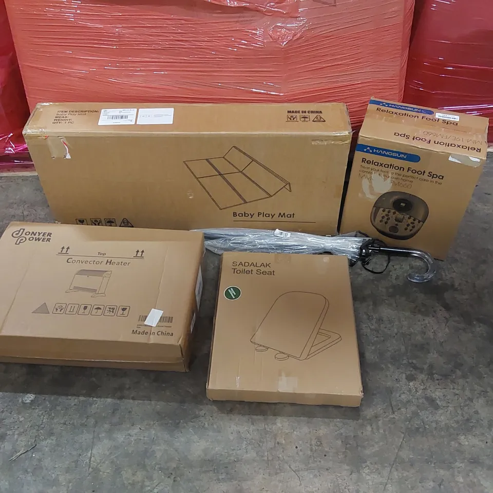 PALLET OF ASSORTED CONSUMER PRODUCTS TO INCLUDE: CONVECTOR HEATER, RELAXATION FOOT SPA, BABY PLAY MAT, TOILET SEAT, UMBRELLA ECT