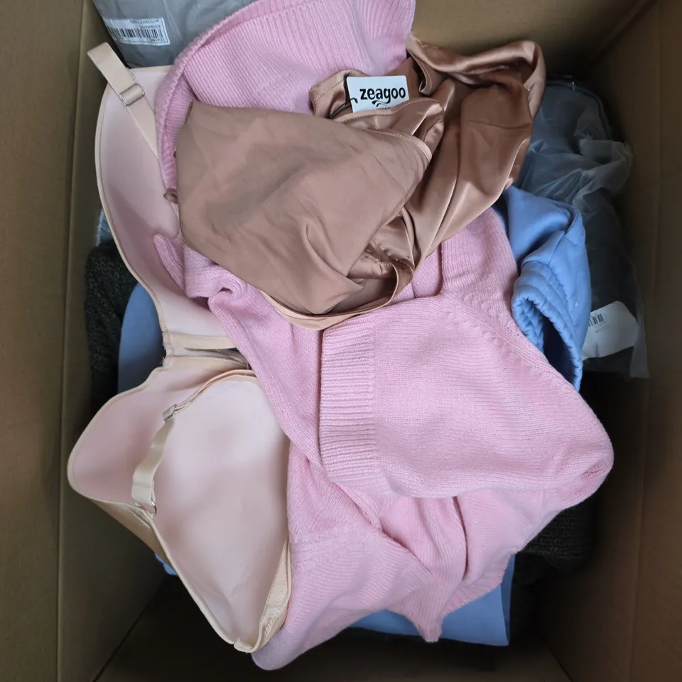 APPROXIMATELY 20 ASSORTED CLOTHING PRODUCTS IN VARIOUS STYLES & SIZES TO INCLUDE JACKETS, T-SHIRTS, DRESSES ETC