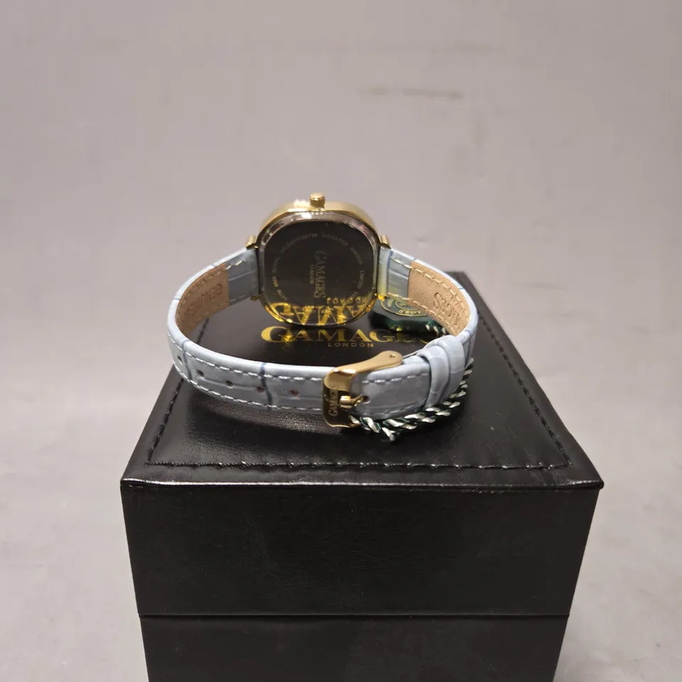 BOXED GAMAGES LADIES MIRROR WATCH IN GOLD GREEN