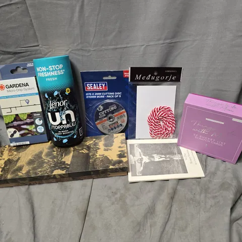 APPROXIMATELY 15 ASSORTED HOUSEHOLD ITEMS TO INCLUDE SEALEY CUTTING DISC, LENOR UNSTOPPABLES, GARDENA MICRO-DRIP SYSTEM, ETC