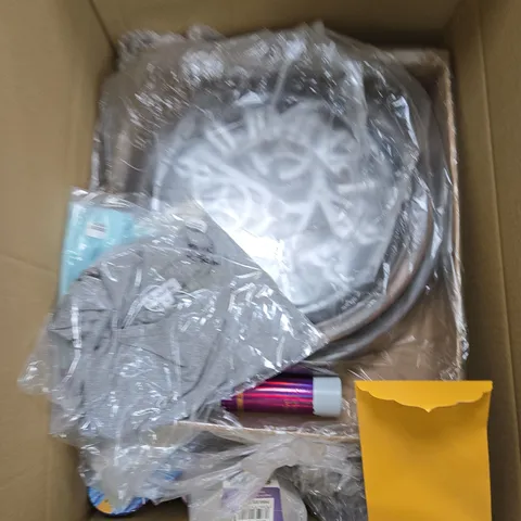 LARGE BOX OF APPROXIMATELY 15 ASSORTED ITEMS TO INCLUDE CLOCK , CLOTHING ITEMS AND INTERIOR DEHUMIDIFIER