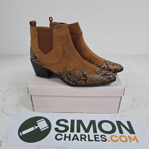 BOXED PAIR OF LA MAREY PU BOOTS IN CAMEL - SIZE 8