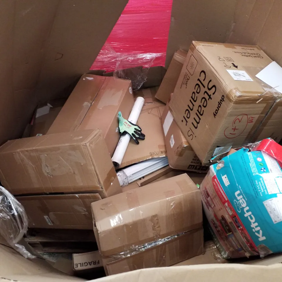 PALLET OF ASSORTED PRODUCTS INCLUDING GARDEN SOFA ARMCHAIR, CARRYON SUITCASE, CAMPING CHAIR, BAMBOO GARMENT LAUNDRY HAMPER, CHAIR MAT