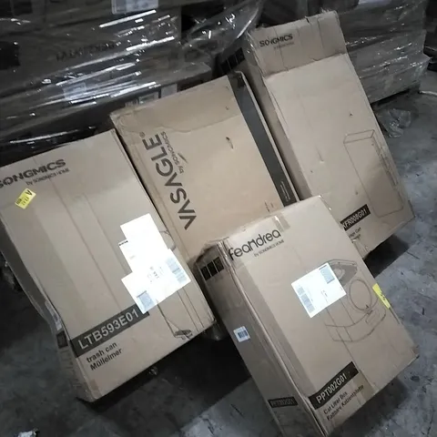 PALLET OF HOUSEHOLD ITEMS TO INCLUDE TRASH CAN, CAT LITTER BOX, FIRE CABINET, STORAGE CART, STANDING DESK AND OTHER ASSORTED ITEMS...