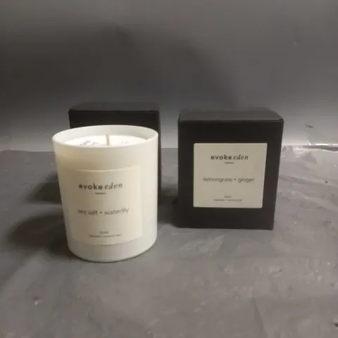 BOXED EVOKEEDEN X2 CANDLES IN ASSORTED SCENTS TO INCLUDE SEA SALT AND WATERLILLY AND LEMONGRASS AND GINGER 220ML